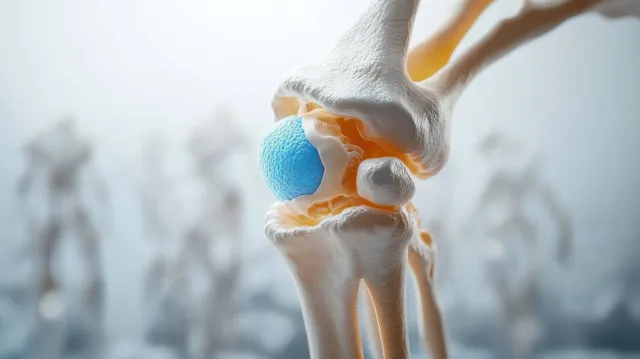 A 3D knee joint model with blue cartilage and visible bones sits against a soft blurred background.