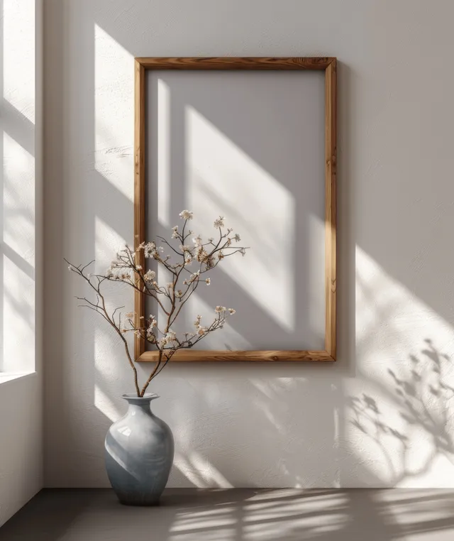 Minimalist wooden picture frame on a pale wall with sunlight shadows and a vase of branches nearby.