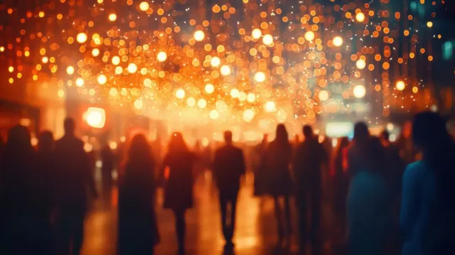 A lively office party scene with business people enjoying twinkling lights and a softly blurred crowd filled with festive joy.