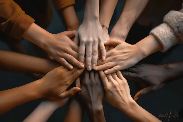 Diverse hands stacking together in a circle, symbolizing equality and solidarity