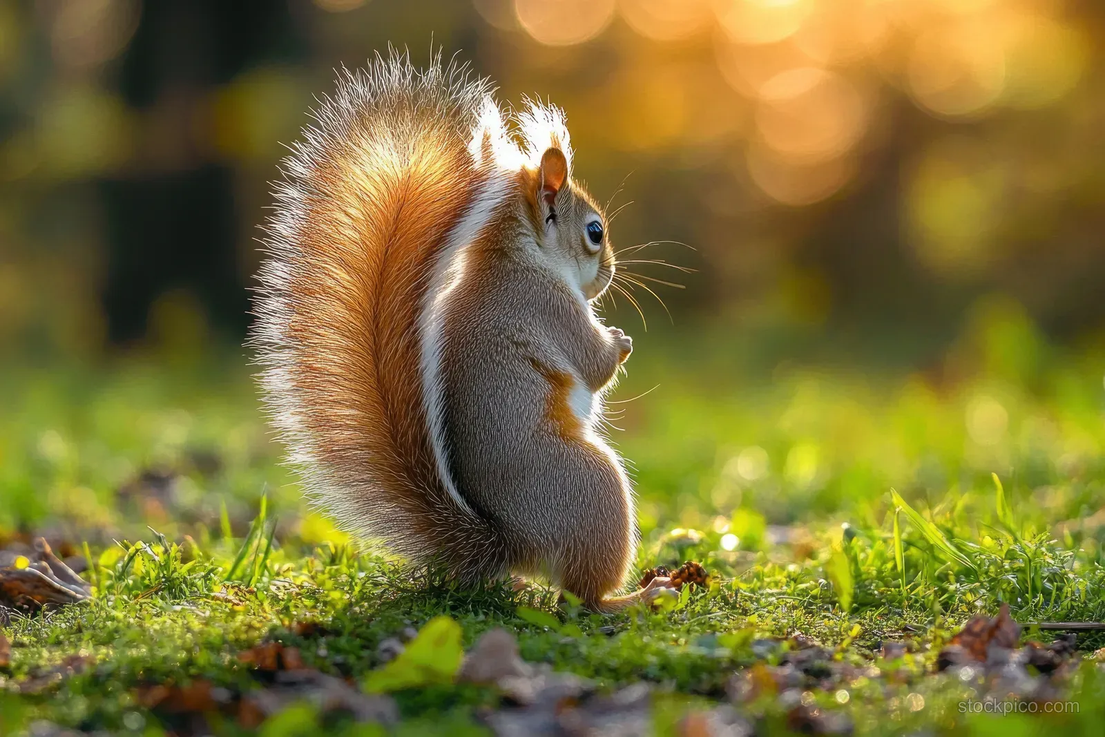 A fluffy squirrel stands on sunlit grass with its tail curled and a blurred golden woodland background behind it.