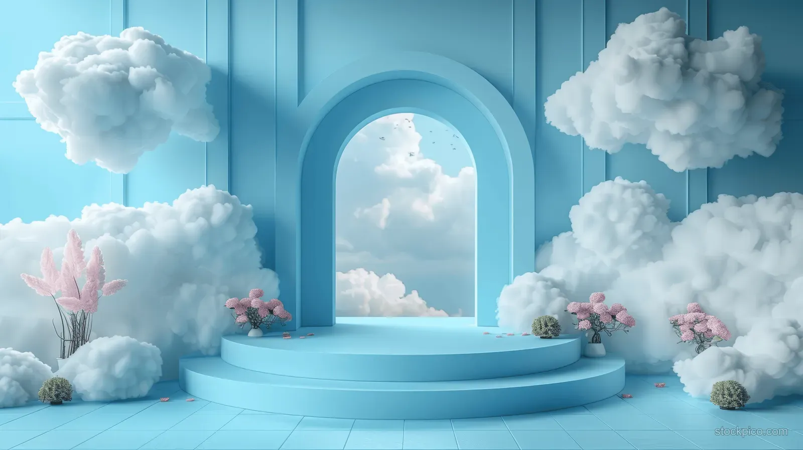 Pastel blue room filled with floating clouds, an arched window, and pink flowers on a pedestal.