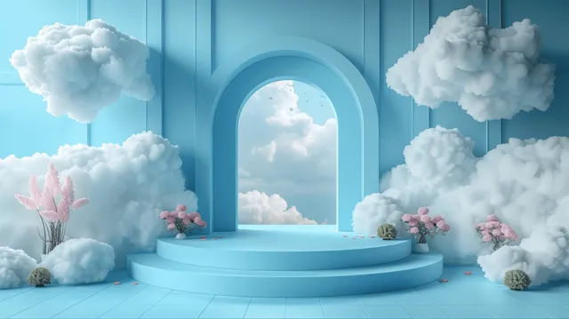Pastel blue room filled with floating clouds, an arched window, and pink flowers on a pedestal.