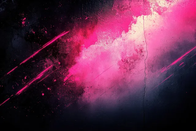 Vibrant pink and purple spray paint splashes streak across dark cracked wall texture