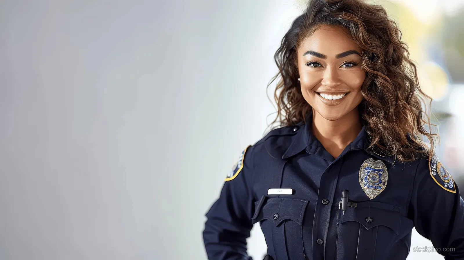 A multiracial female police officer in a dark blue uniform poses with hands on hips in a studio portrait on a white background.