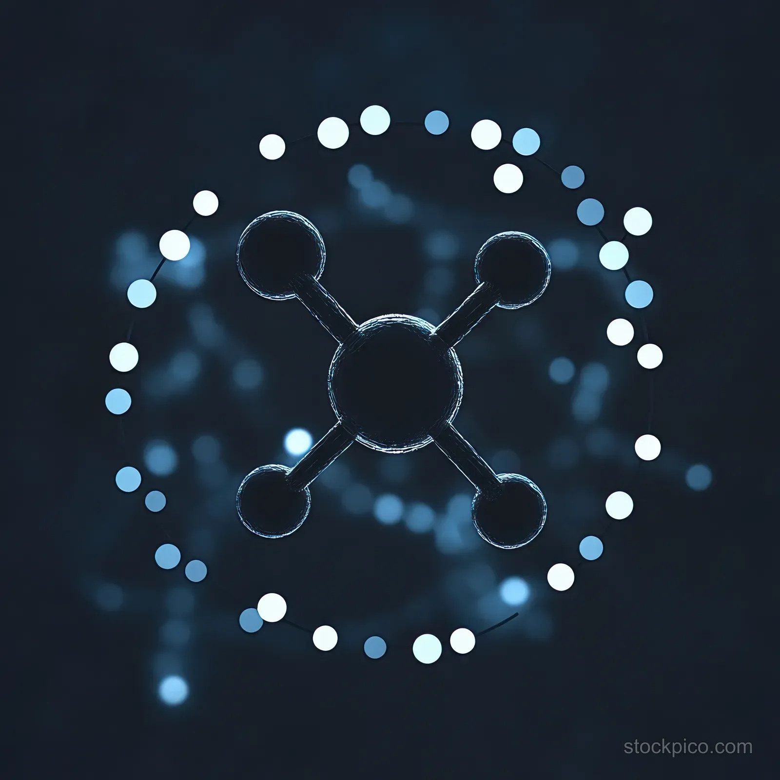 Central molecular sphere connected to four atoms, encircled by a glowing blue ring of light dots on dark background.