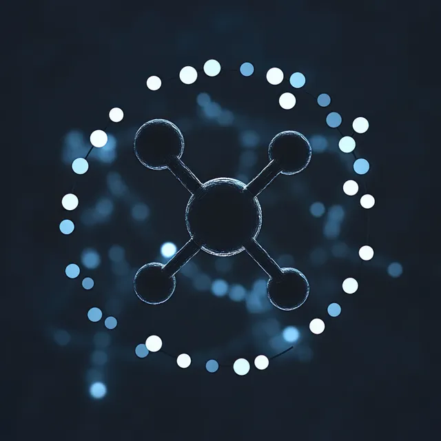 Central molecular sphere connected to four atoms, encircled by a glowing blue ring of light dots on dark background.