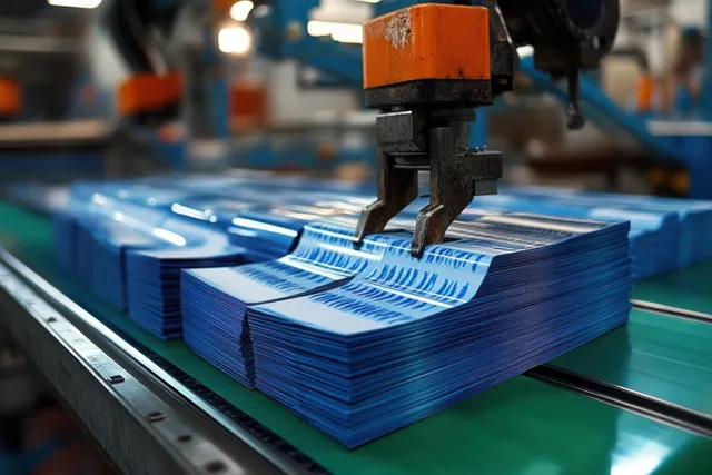 A robotic arm sorts stacked blue printed sheets on a factory conveyor belt.