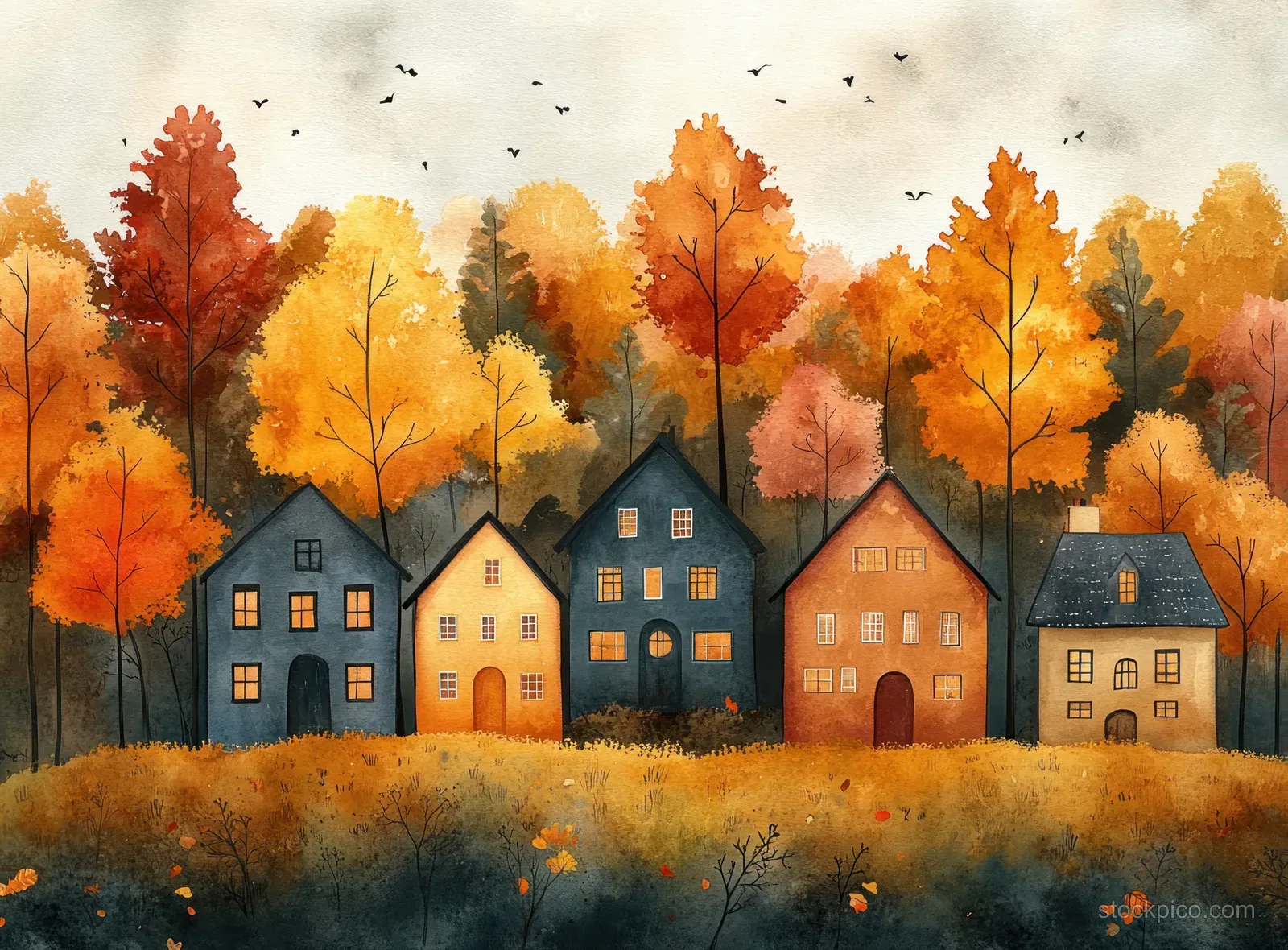 Watercolor village houses with glowing windows sit among tall autumn trees and falling leaves in warm tones.