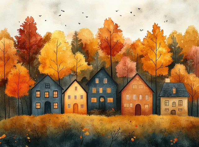 Watercolor village houses with glowing windows sit among tall autumn trees and falling leaves in warm tones.