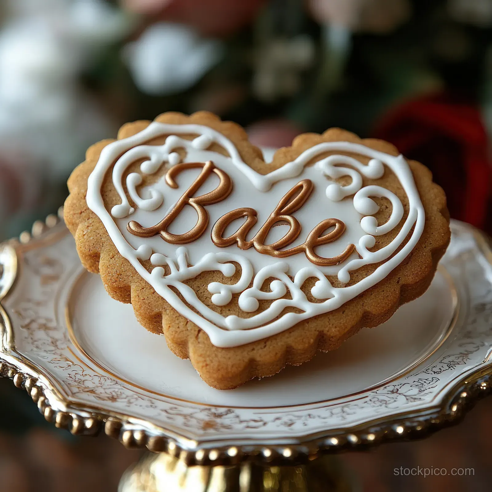 Heart-shaped cookie with ornate white icing and “Babe” lettering on a decorative plate.
