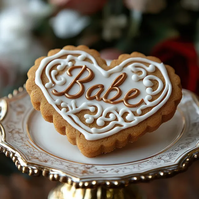 Heart-shaped cookie with ornate white icing and “Babe” lettering on a decorative plate.