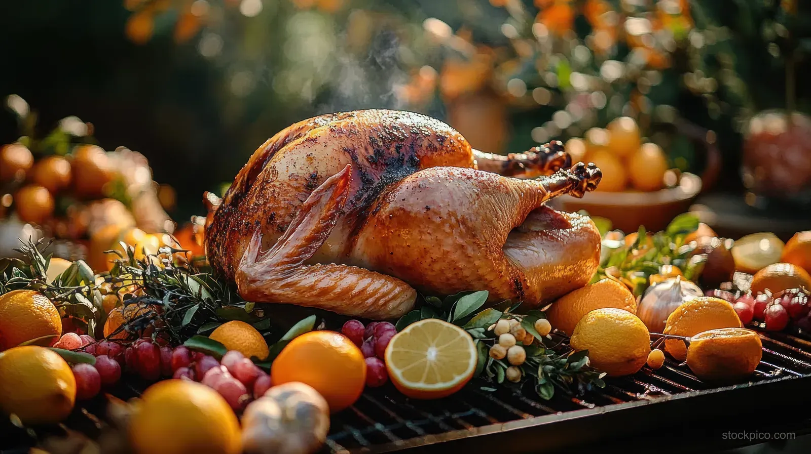 Golden-brown roasted turkey on a grill surrounded by citrus, grapes, herbs, and vegetables in warm light.