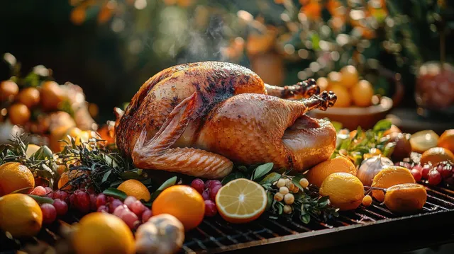 Whole roasted turkey on a grill with citrus, grapes, herbs, and vegetables