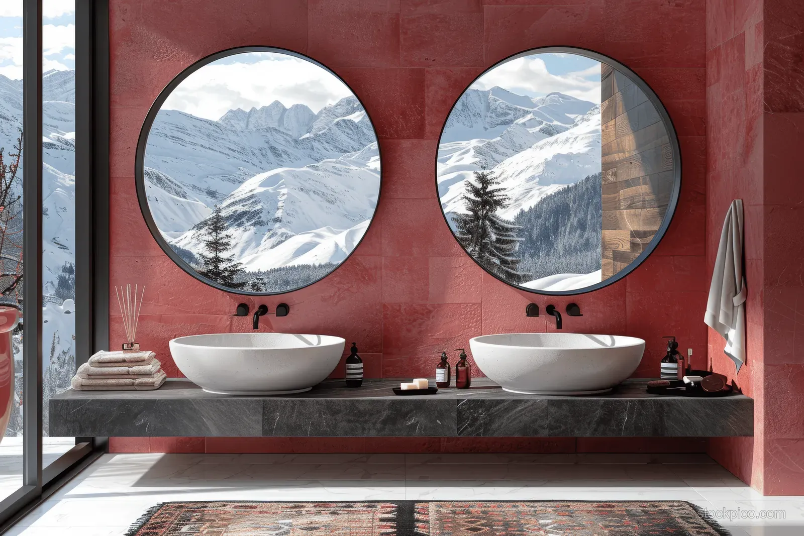 Minimalist bathroom with pink double vanity, two round mirrors, terrazzo floor tiles, and a snowy mountain view through windows.