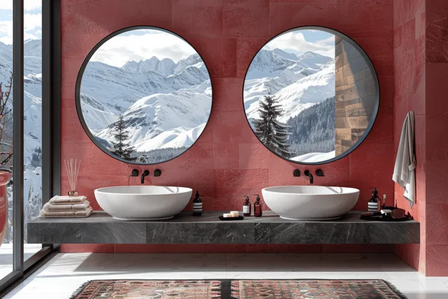 Minimalist bathroom with pink double vanity, two round mirrors, terrazzo floor tiles, and a snowy mountain view through windows.