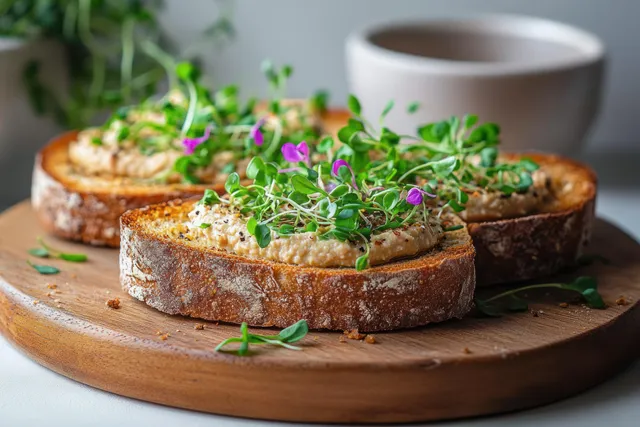 Toasted rustic bread slices topped with creamy spread and microgreens on wooden board