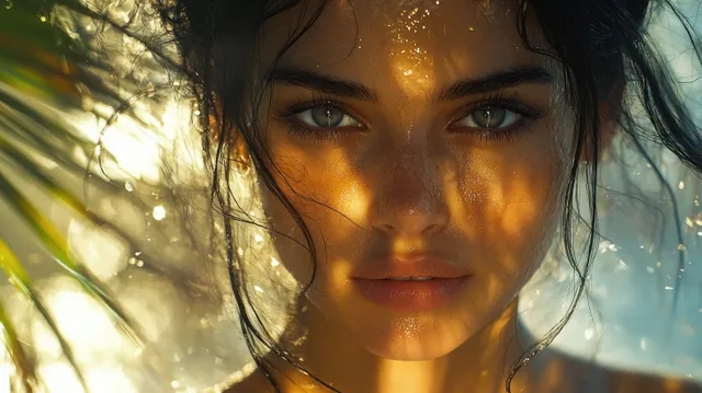 Impressionist portrait of a woman with soft golden light and blurred sunlit greenery in the background.