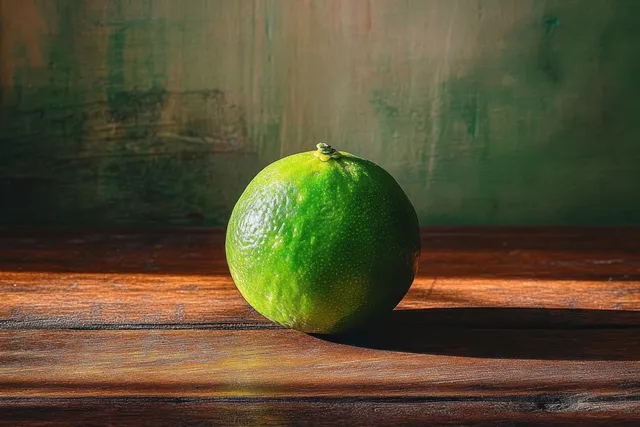 Single green lime citrus fruit resting on dark wooden table under soft natural light