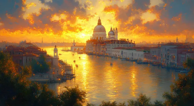 Basilica Santa Maria della Salute rises over a Venetian canal under golden hour light with glowing water reflections.