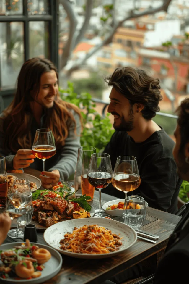 Friends sit at a rooftop table, clinking wine glasses beside grilled dishes with a Barcelona skyline in the background.