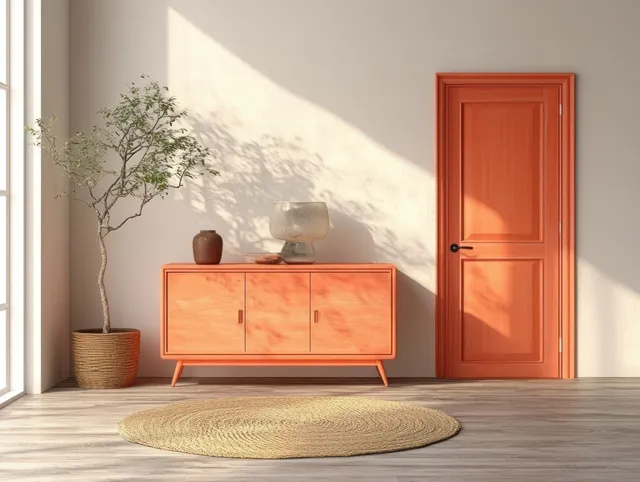 Coral sideboard and red-orange door in a bright empty room with sunlit wooden floor and a small plant.