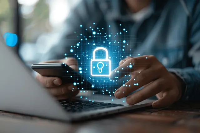 Hands tapping a laptop while a glowing lock icon secures network data