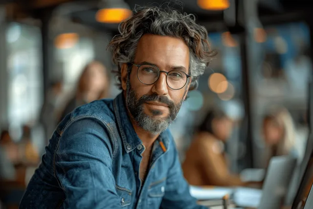 Businessman with glasses in office, smiling at camera beside blurred colleagues