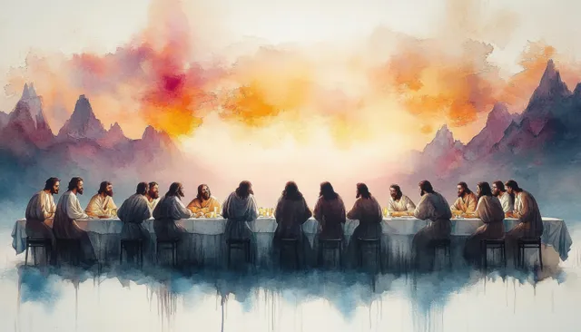 Jesus and disciples at the Last Supper table during Maundy Holy Thursday, pastel watercolor scene