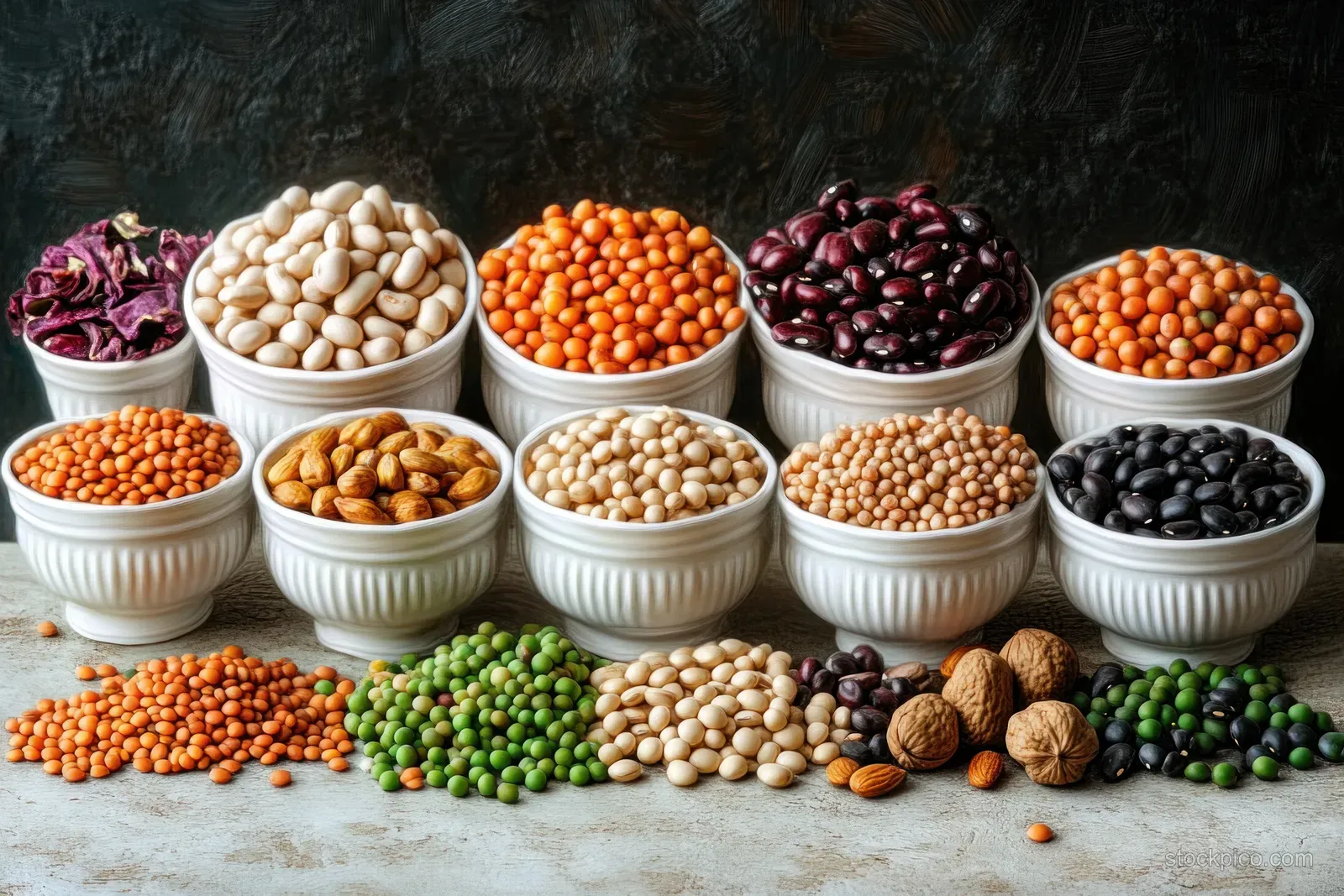 Assorted dried beans and nuts in white bowls with legumes scattered on a dark rustic surface.
