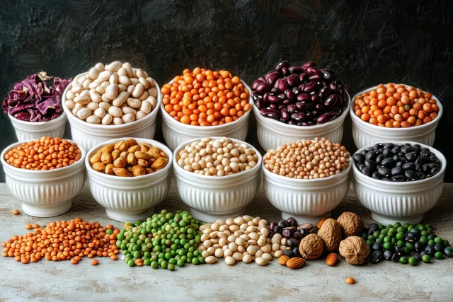 Assorted dried beans and nuts in white bowls with legumes scattered on a dark rustic surface.