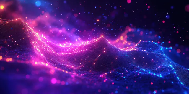 Neon arcs and glowing nodes connect across a futuristic abstract digital space with colorful light particles.