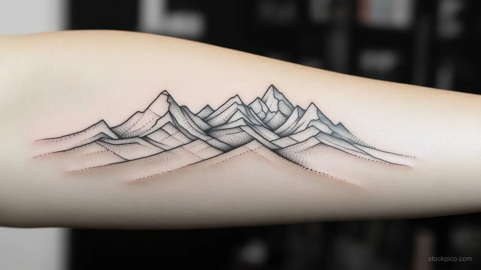 Minimalist mountain range tattoo in black ink on a forearm with fine lines and dot shading for depth.