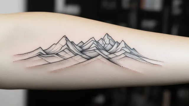 Minimalist black ink mountain range tattoo on forearm with fine line peaks and dot shading