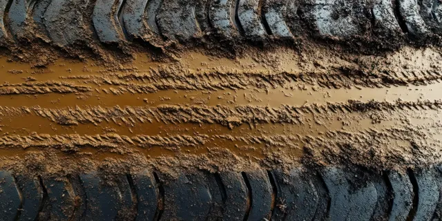 A close-up of muddy tire tread tracks embedded in wet brown dirt showing deep textured imprints.