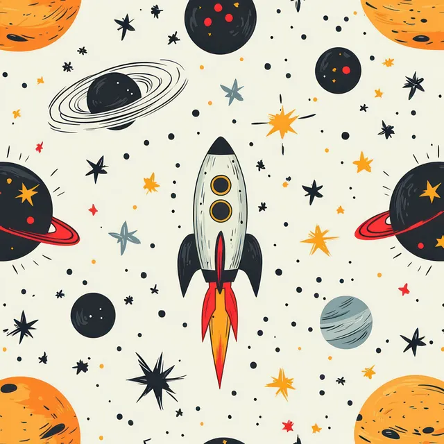 A rocket ship flies through a colorful starfield with planets, asteroids, and glowing space objects around it.