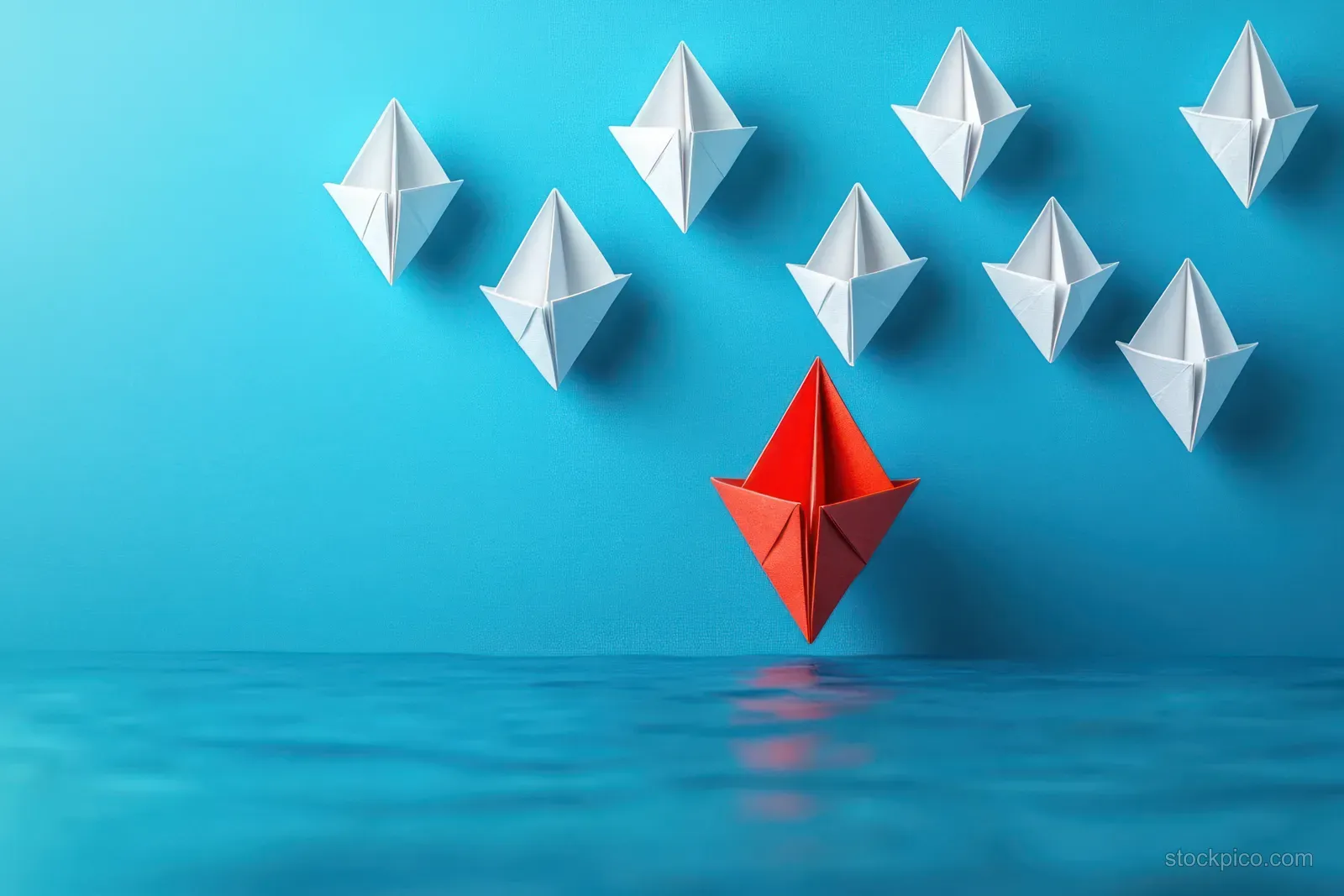 A red paper boat sails ahead of several white paper boats on a blue background with water reflections.