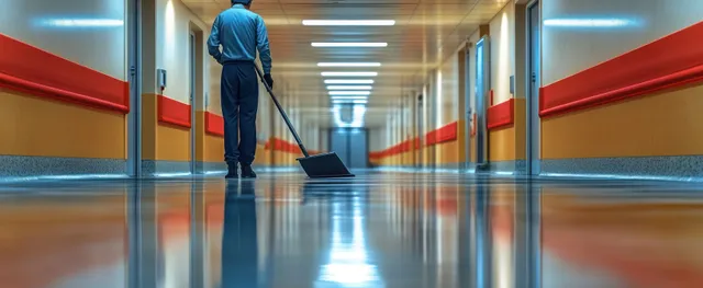 A janitor polishes the reflective floor in a long corridor under bright lights.