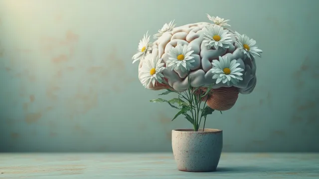 Brain-shaped flower head on a potted plant with white daisies sits on a muted tabletop.