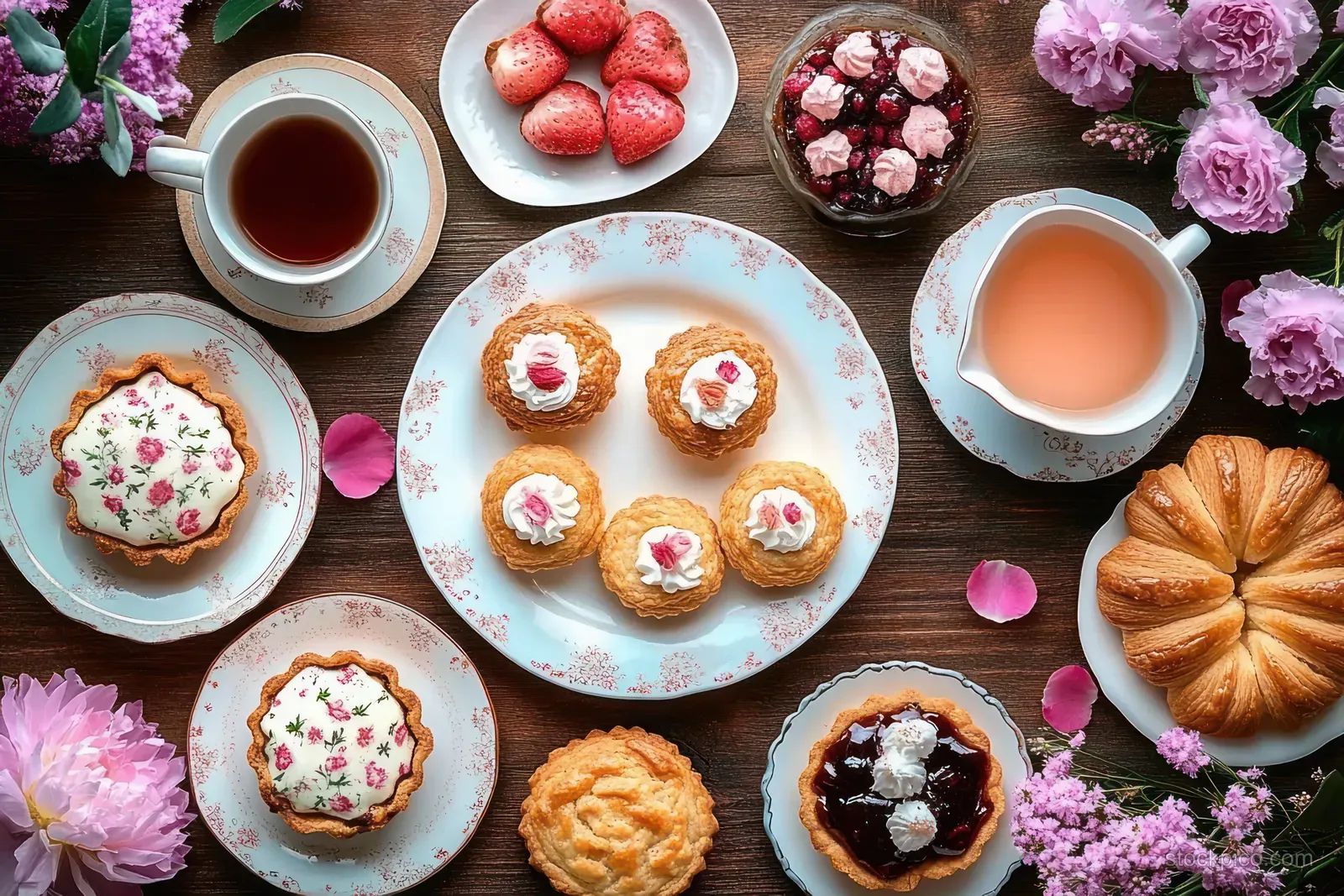 Rose tea cups and mixed pastries with strawberries and pink flowers on a wooden afternoon tea table.