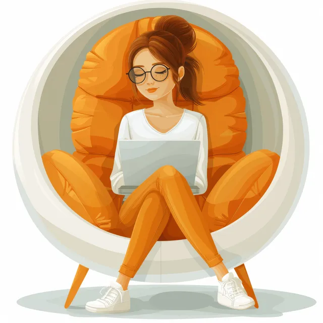 Cartoon businesswoman in spherical egg chair typing laptop on white background, flat design