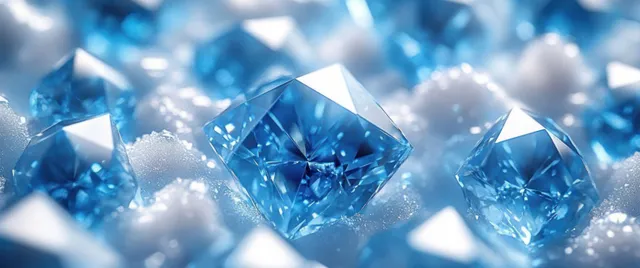 Blue cubic crystal shards with sharp facets sparkle on a white granular surface under bright reflections.