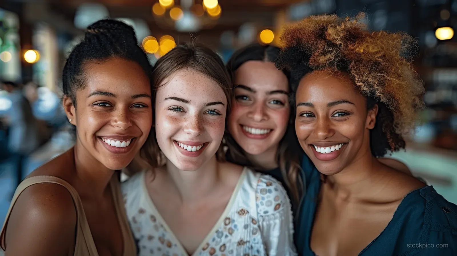 A group of diverse women educators smile together in a softly lit classroom with blurred lights in the background.