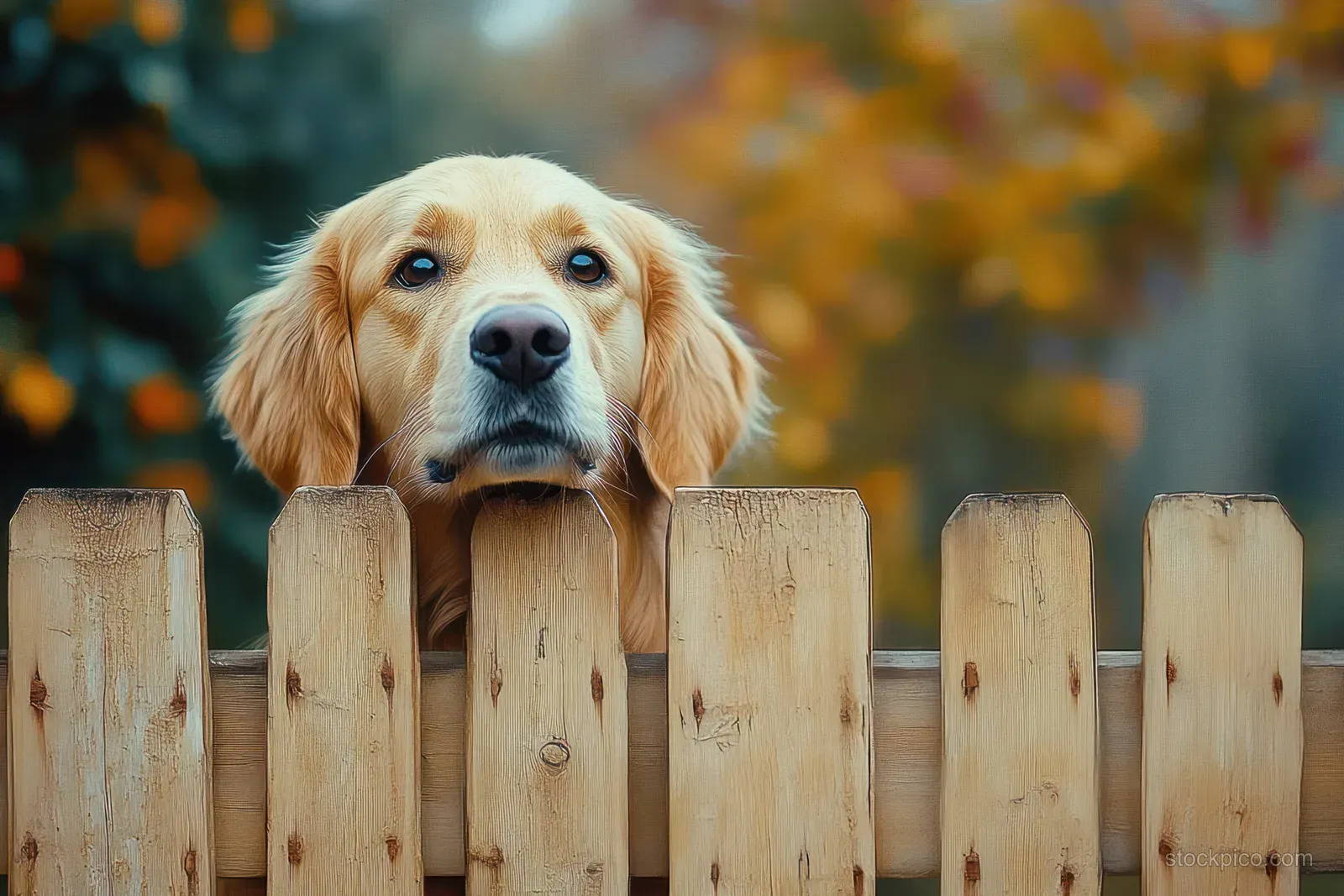 Golden retriever rests its head on a wooden fence with a calm expression and blurred autumn foliage behind.