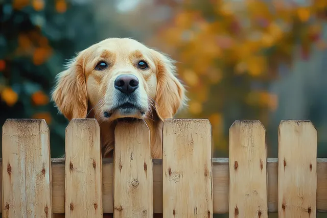 Golden retriever rests its head on a wooden fence with a calm expression and blurred autumn foliage behind.
