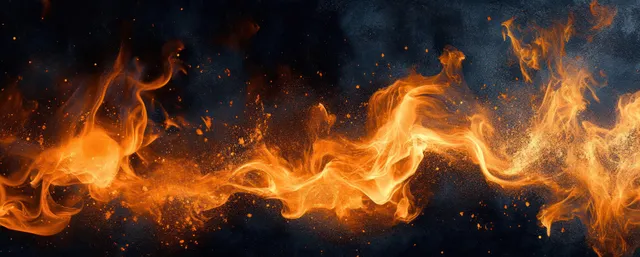 Llamas danzantes naranjas y doradas se arremolinan sobre un fondo oscuro con brasas brillantes y humo flotante.