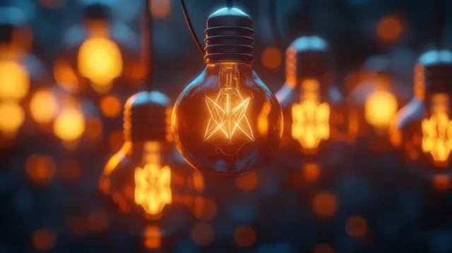 Glowing lightbulb centerpiece with floating network-like bokeh in dark creative workspace