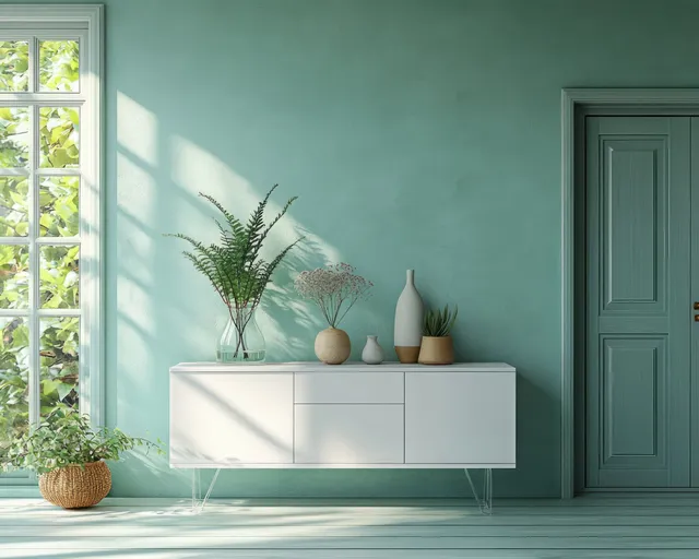 Mint green room corner with a white sideboard, potted plants, and sunlight from a window onto parquet flooring.