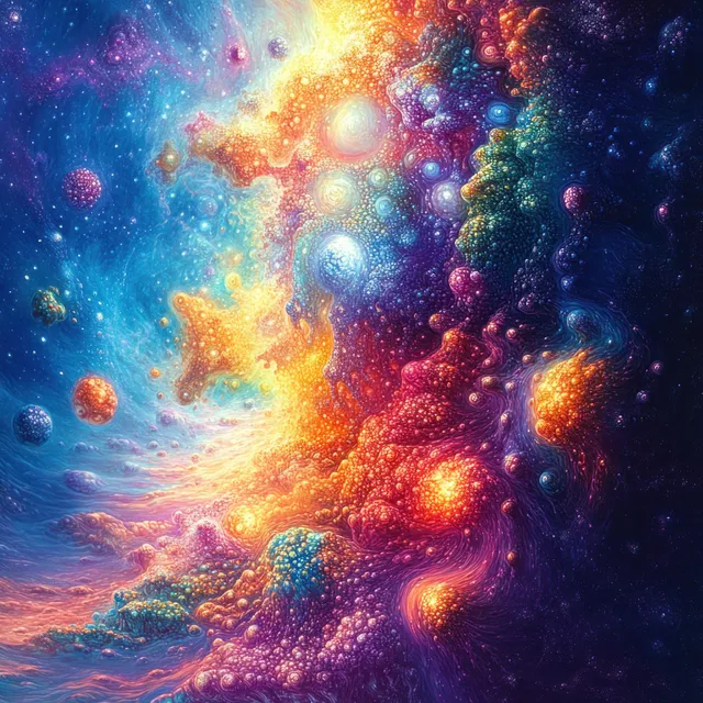 Colorful nebula swirls with glowing orbs and bright star clusters spreading into deep outer space.