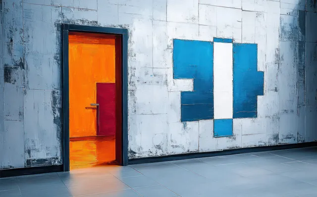 Open door frame reveals a vibrant orange room beside a white wall with blue and white geometric painting.